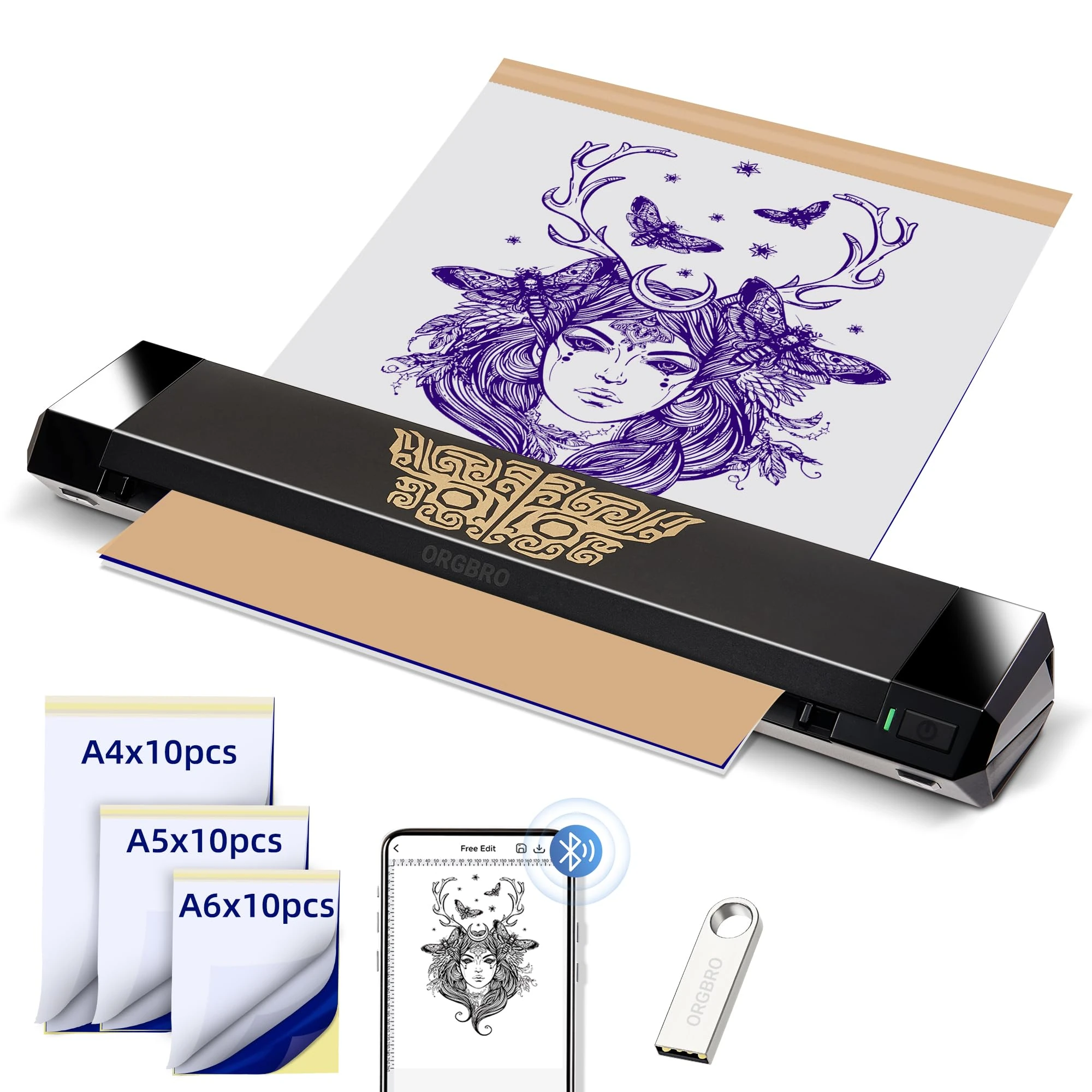 ORGBRO Tattoo Stencil Printer, X8 Thermal Tattoo Printer with 30pcs Transfer Paper, Portable Bluetooth Wireless Tattoo Machine for Professional Artists & Beginners, Compatible with Phone/Tablet/PC