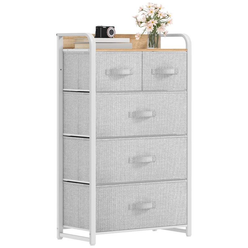 DWVO Chest of Drawers,Fabric Chest of Drawers Bedroom Cabinet with 5 Drawers,Dresser for Bedroom,Living Room With Handles,Wood Top and Sturdy Steel Frame,Light Grey
