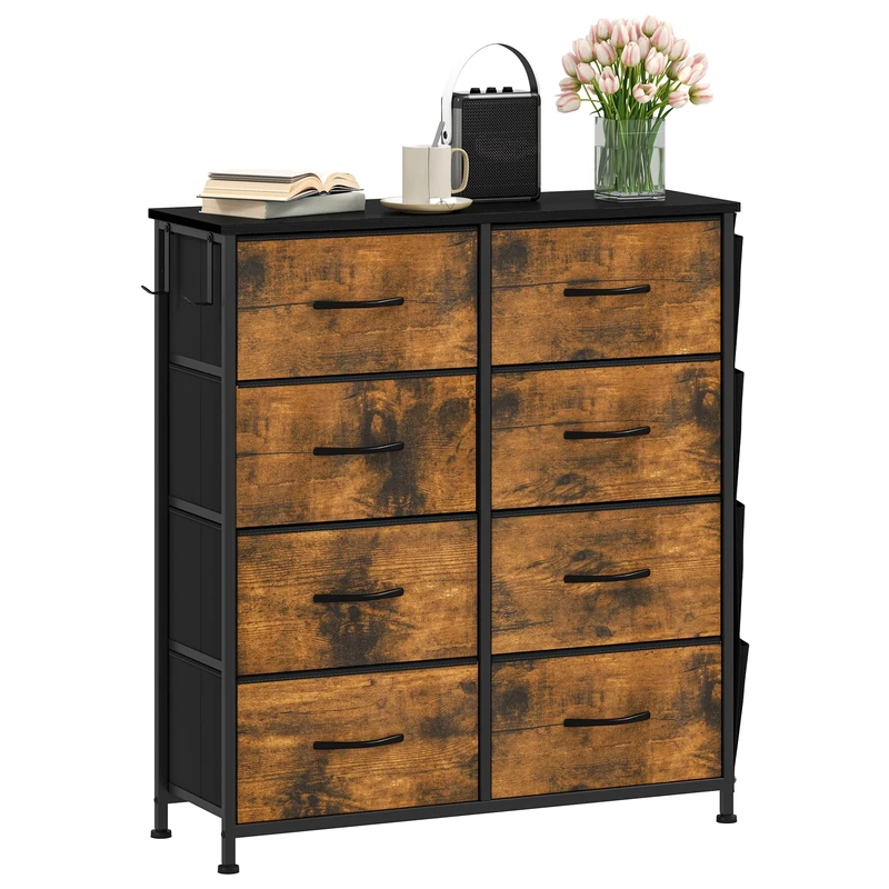 DWVO Chest of Drawers with 8 Drawers, Fabric Chest Drawers with Side Pocket & Hooks,Easy Pull Handle,Sturdy Steel Frame,Wood Top Plate for Bedroom,Living Room,Rustic Brown