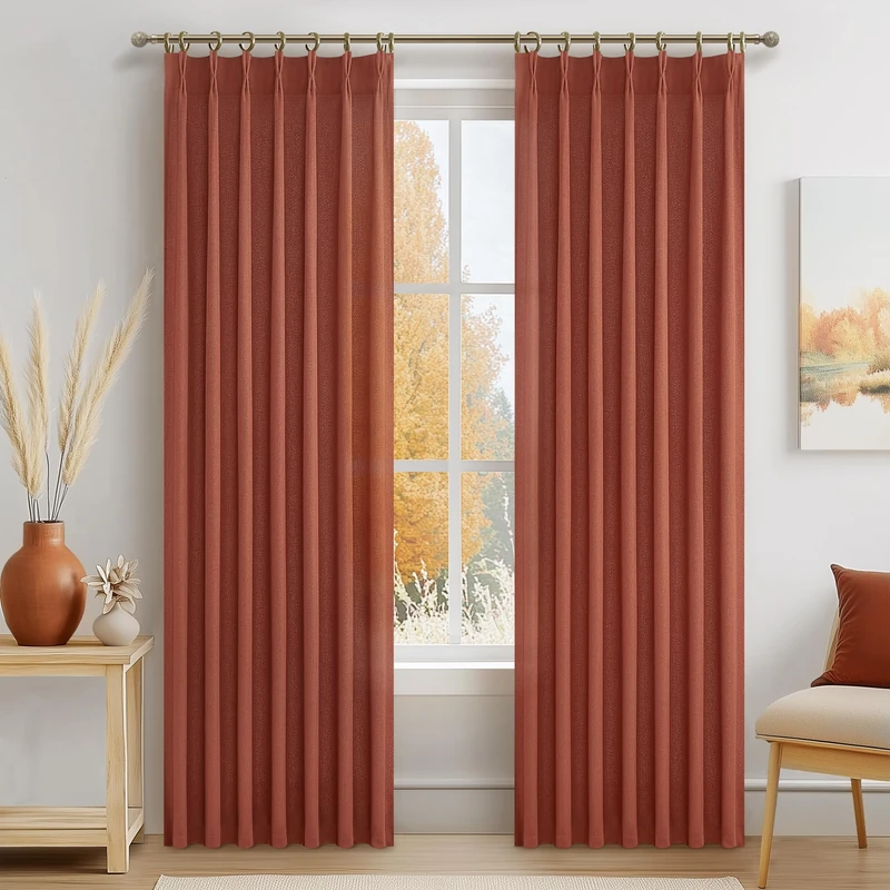 Burnt Orange Flax Linen Sheer Curtains 84 Inches Long for Living Room, Country Cottage Core Pinch Pleated Light Filtering Semi Through Drapes 84 Inch Length 2 Panels for Dining Room Fall Window Burg