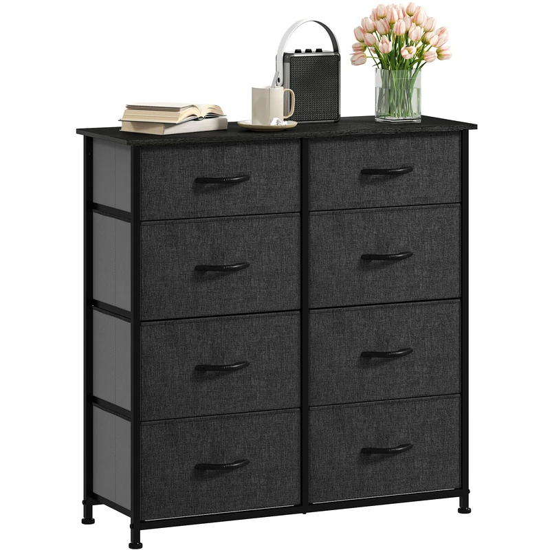 DWVO Chest of Drawers,Fabric Chest of Drawers Bedroom Cabinet with 8 Drawers,Dresser for Bedroom,Living Room With Handles,Wood Top and Sturdy Steel Frame, Black Grey