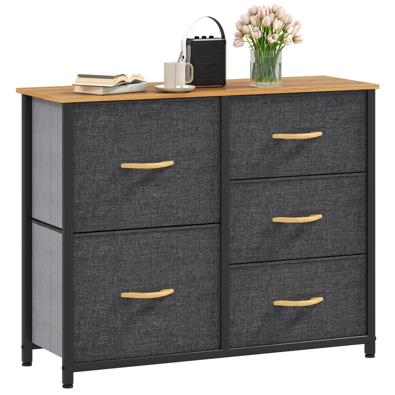 DWVO Chest of Drawers, Fabric Chest of Drawers, Bedroom Cabinet with 5 Drawers,Dresser for Bedroom,Living Room With Handles,Wood Top and Sturdy Steel Frame, Dark Grey