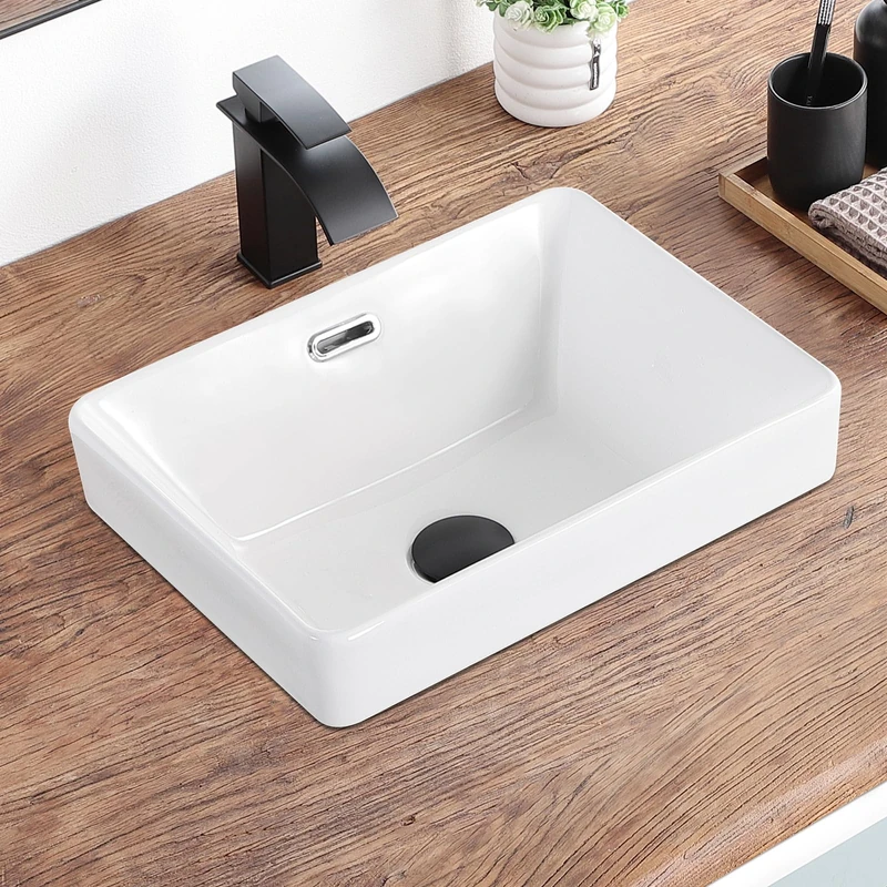 KDKSC Bathroom Vessel Sink 15.5'' x 11.9'' Small Semi Recessed Bathroom Sink Rectangular Drop in Sink with Overflow White Ceramic Modern Vessel Sinks for Bathroom