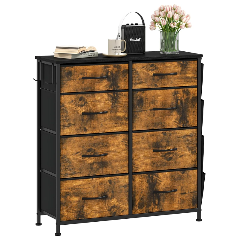 DWVO Chest of Drawers with 8 Drawers, Fabric Chest Drawers with Side Pocket&Hooks,Easy Pull Handle,Sturdy Steel Frame for Bedroom,Living Room,Rustic Brown