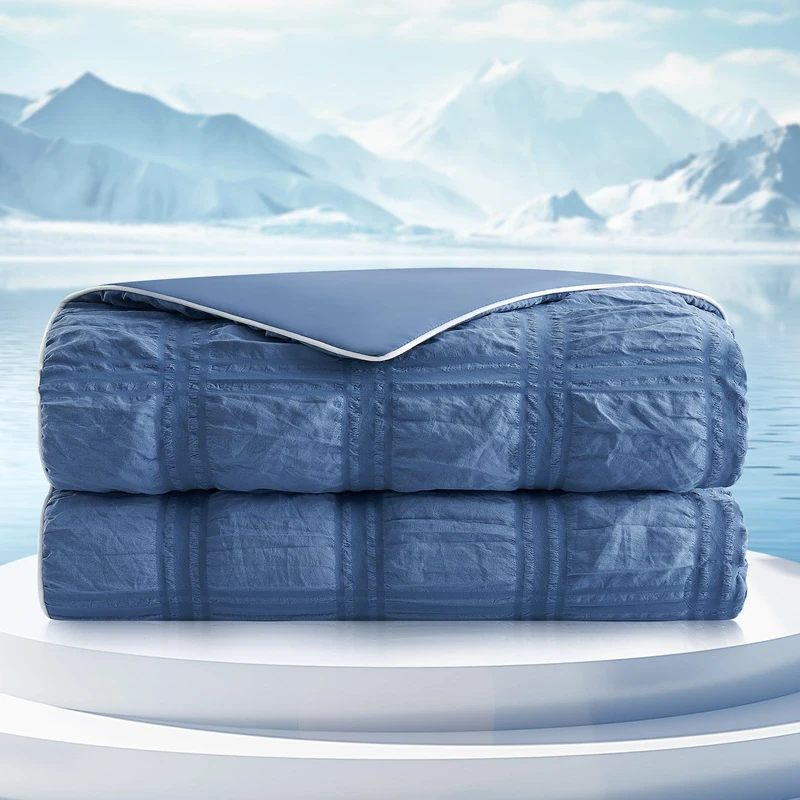 Cozy Bliss Cooling Comforter Seersucker Plaid Twin, Q-Max 0.4 Reversible Lightweight Cooling Blanket, Breathable Silk Smooth Summer Bedding Quilt for Hot Sleepers Night Sweats Denim Blue