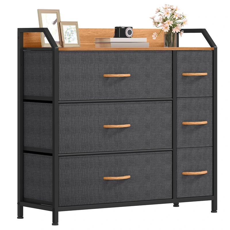 DWVO Chest of Drawers,Fabric Chest of Drawers Bedroom Cabinet with 6 Drawers,Dresser for Bedroom,Living Room With Handles,Wood Top and Sturdy Steel Frame,Dark Grey
