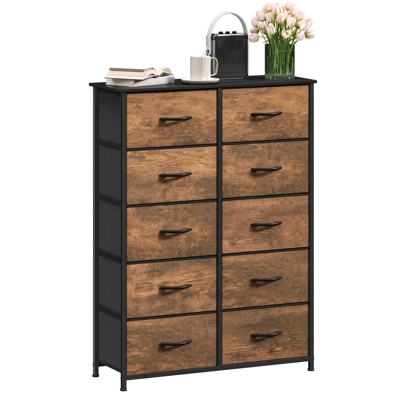 DWVO Chest of Drawers,Fabric Chest of Drawers Bedroom Cabinet with 10 Drawers,Dresser for Bedroom,Living Room With Handles,Wood Top and Sturdy Steel Frame,Rustic Brown