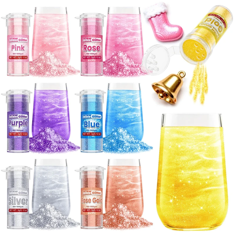 Edible Glitter - 7 Vivid Food Colouring Powder (3g Each), Non-Taste Altering Formula for Baking, Cocktails & Desserts, Food Grade Edible Lustre Dust with Barbie Pink Glitter, Silver, Gold...