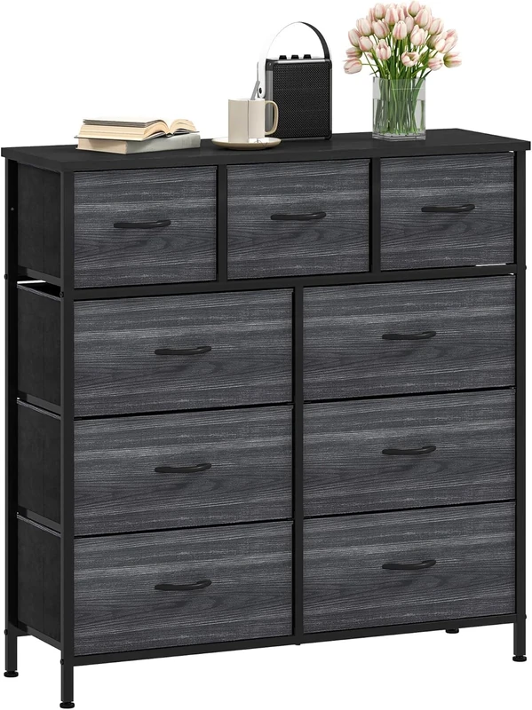 DWVO Chest of Drawers,Fabric Chest of Drawers Bedroom Cabinet with 9 Drawers,Dresser for Bedroom,Living Room With Handles,Wood Top and Sturdy Steel Frame, Black Grey