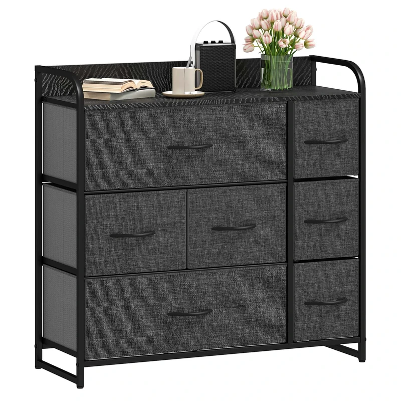 DWVO Chest of Drawers,Fabric Chest of Drawers Bedroom Cabinet with 7 Drawers,Dresser for Bedroom,Living Room With Handles,Wood Top and Sturdy Steel Frame,Black Grey