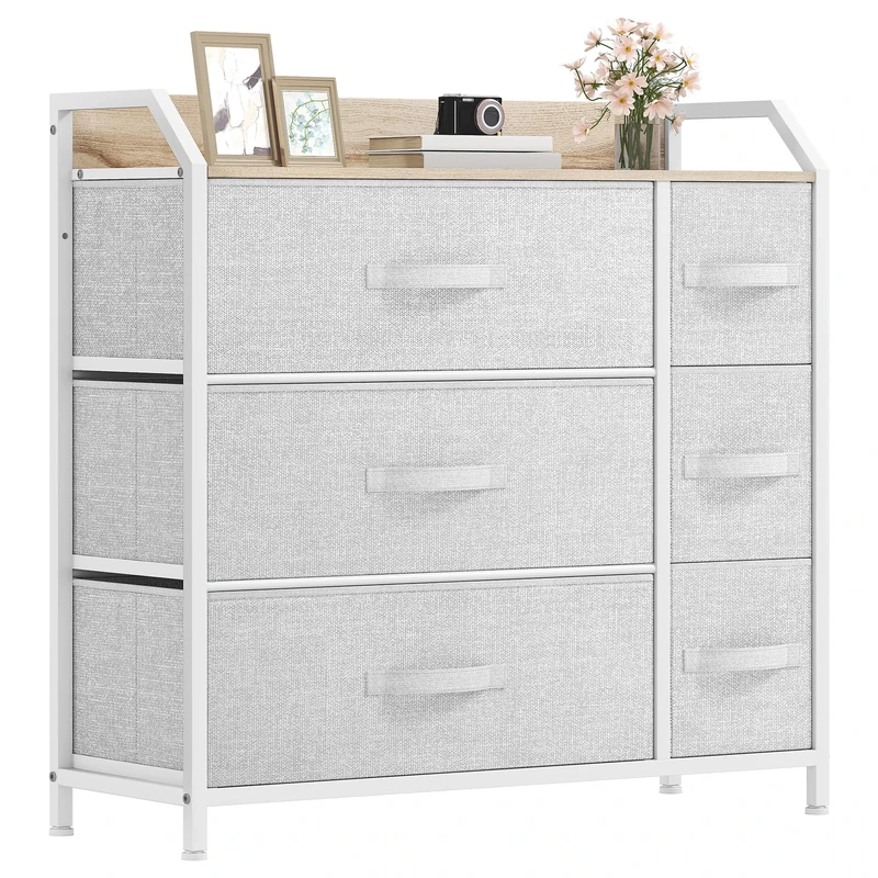 DWVO Chest of Drawers,Fabric Chest of Drawers Bedroom Cabinet with 6 Drawers,Dresser for Bedroom,Living Room With Handles,Wood Top and Sturdy Steel Frame,Light Grey