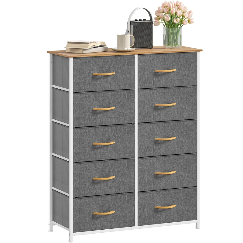 DWVO Chest of Drawers,Fabric Chest of Drawers Bedroom Cabinet with 10 Drawers,Dresser for Bedroom,Living Room With Handles,Wood Top and Sturdy Steel Frame,Grey