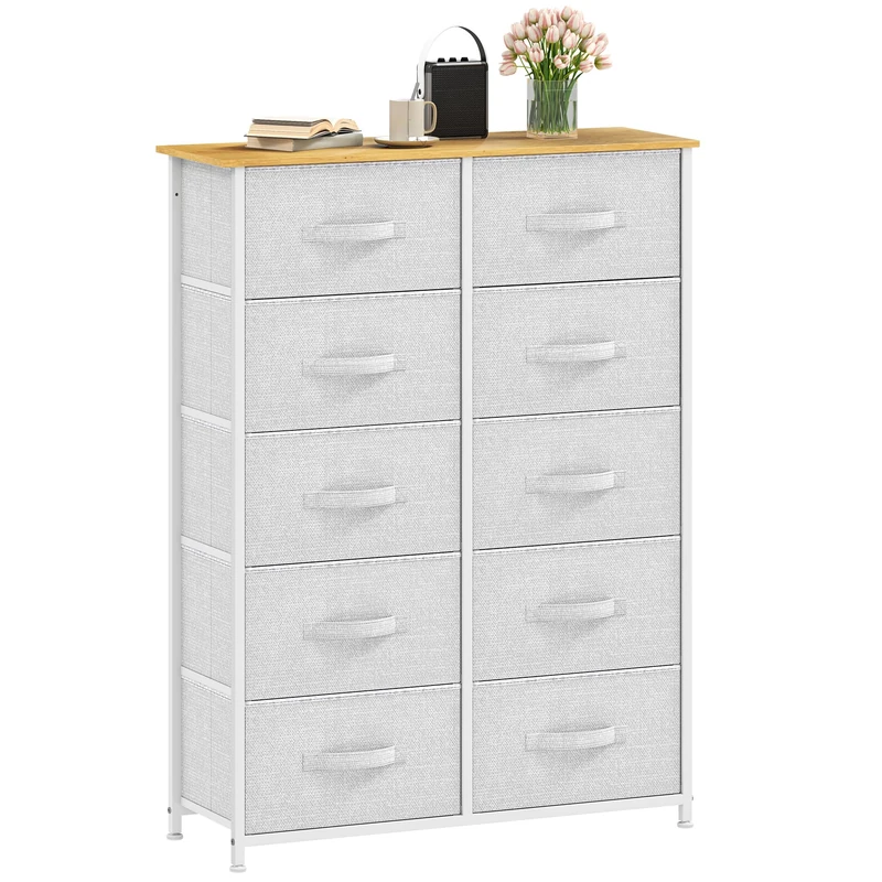 DWVO Chest of Drawers,Fabric Chest of Drawers Bedroom Cabinet with 10 Drawers,Dresser for Bedroom,Living Room With Handles,Wood Top and Sturdy Steel Frame,Light Grey