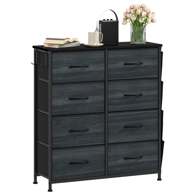 DWVO Chest of Drawers with 8 Drawers, Fabric Chest Drawers with Side Pocket & Hooks,Easy Pull Handle,Sturdy Steel Frame,Wood Top Plate for Bedroom,Living Room,Charcoal Black Wood Grain