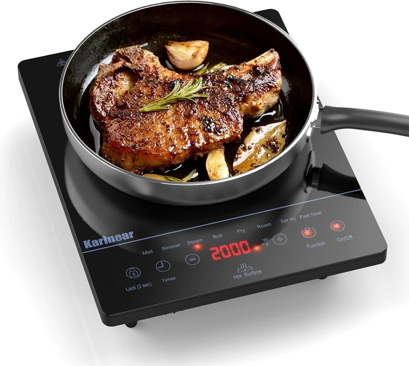 Karinear Portable Ceramic Hob Pulg in Single Electric Hob with 4-Hour Timer 9 Power Levels Up to 2000W, 8 Pre-set Functions Touch Sensor Control Safety Lock