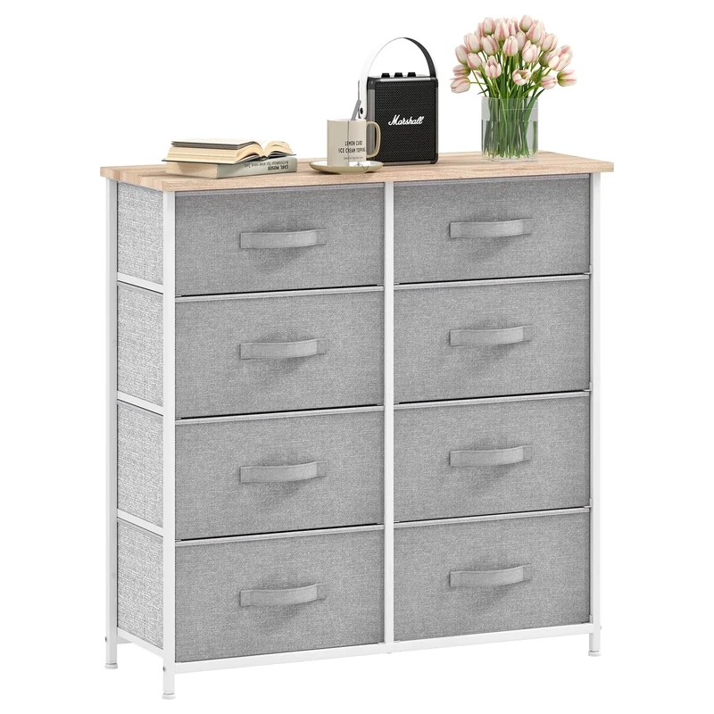 DWVO Chest of Drawers,Fabric Chest of Drawers Bedroom Cabinet with 8 Drawers,Dresser for Bedroom,Living Room With Handles,Wood Top and Sturdy Steel Frame,Light Grey