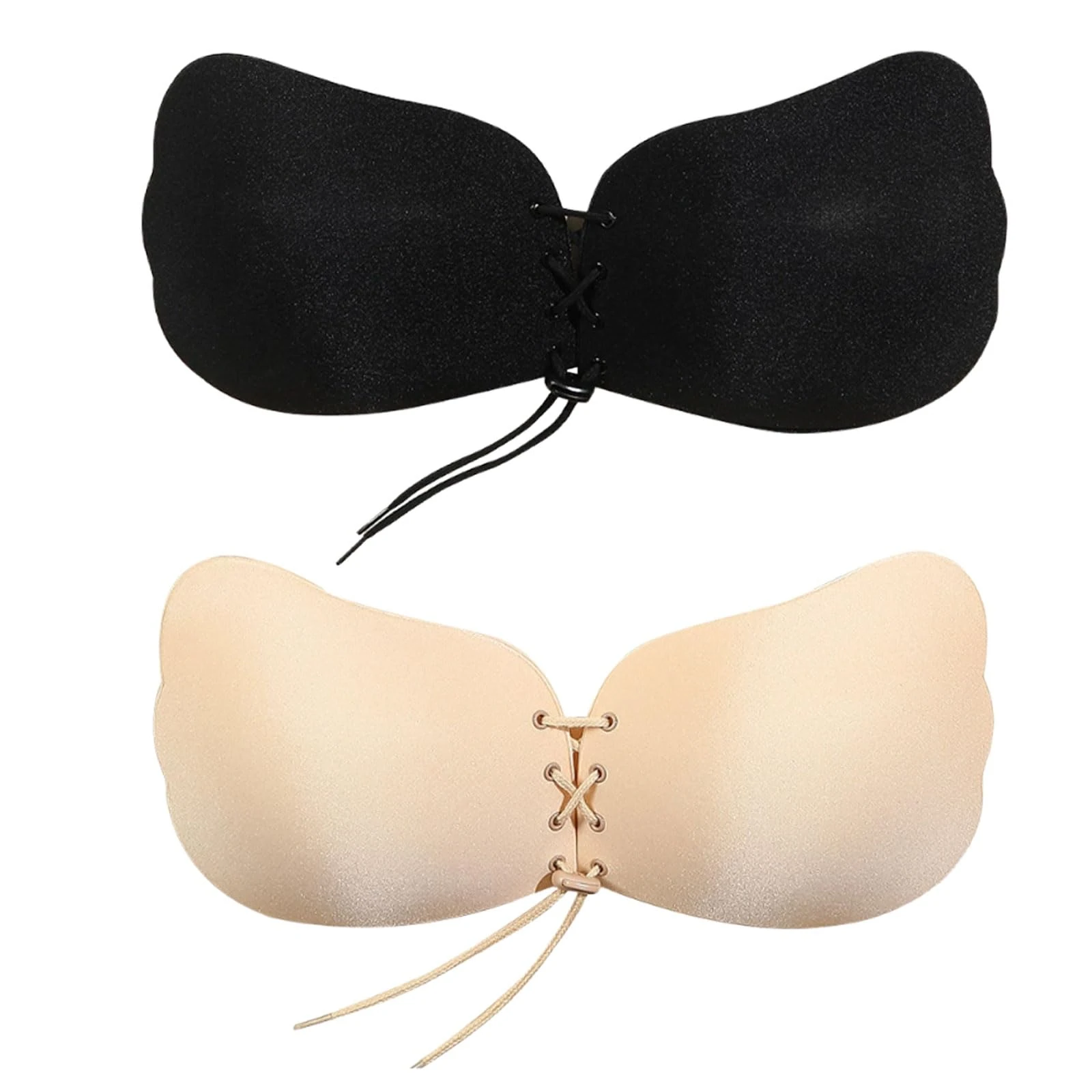 2-Piece Set of Size C Sticky Bra, Push Up Bra for Women, Strapless Push Up with Drawstring, Reusable Silicone Padded Sticky Bras for Everyday, Party, Wedding (Black & Skin Tone)