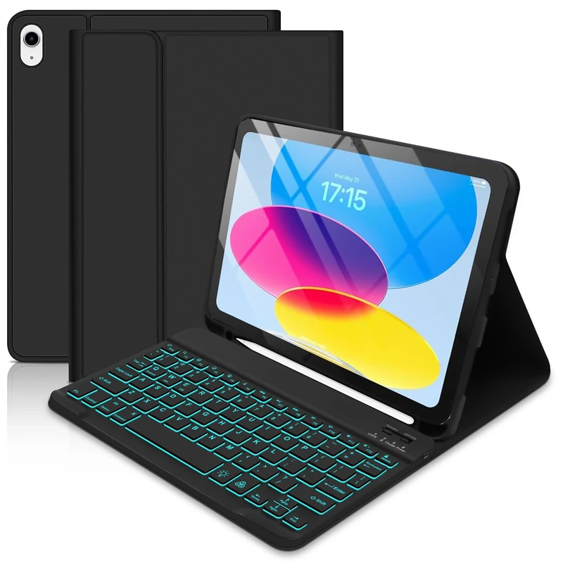 Case with Keyboard for iPad 11th Generation A16 11 inch 2025, UK layout Keyboard Case for ipad 10th Gen 2022, Case with 7 Colors Backlit Detachable Keyboard and Pencil Holde for iPad 11/10 Gen, Black