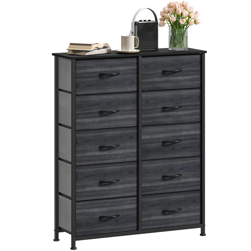 DWVO Chest of Drawers,Fabric Chest of Drawers Bedroom Cabinet with 10 Drawers,Dresser for Bedroom,Living Room With Handles,Wood Top and Sturdy Steel Frame,Charcoal Black Wood Grain