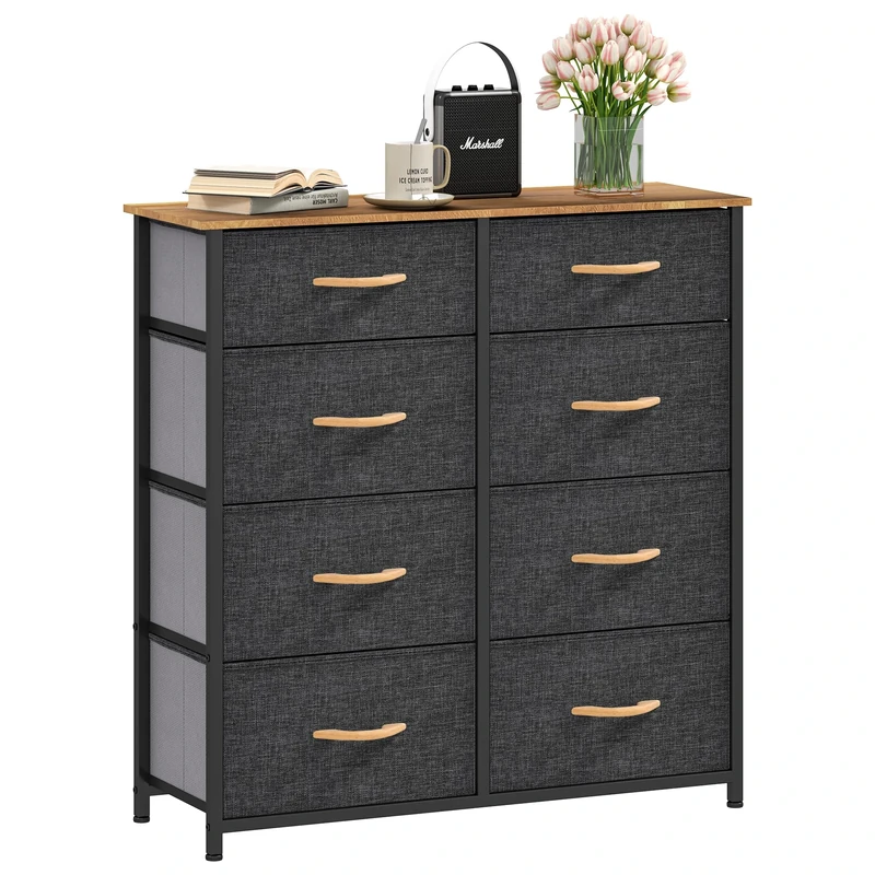 DWVO Chest of Drawers,Fabric Chest of Drawers Bedroom Cabinet with 8 Drawers,Dresser for Bedroom,Living Room With Handles,Wood Top and Sturdy Steel Frame,Dark Grey