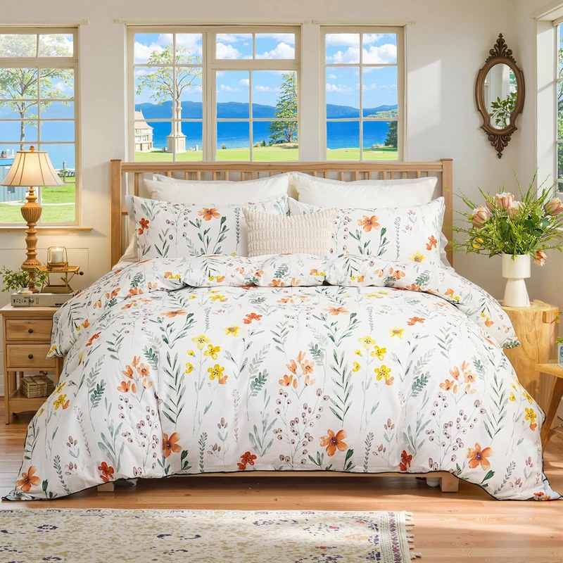 Cozaline Floral Comforter Set Queen Size, 100% Nature Cotton 3 Pcs Garden Floral Aesthetic Bedding Set Ultra Soft&Breathable Cottagecore Botanical Comforter