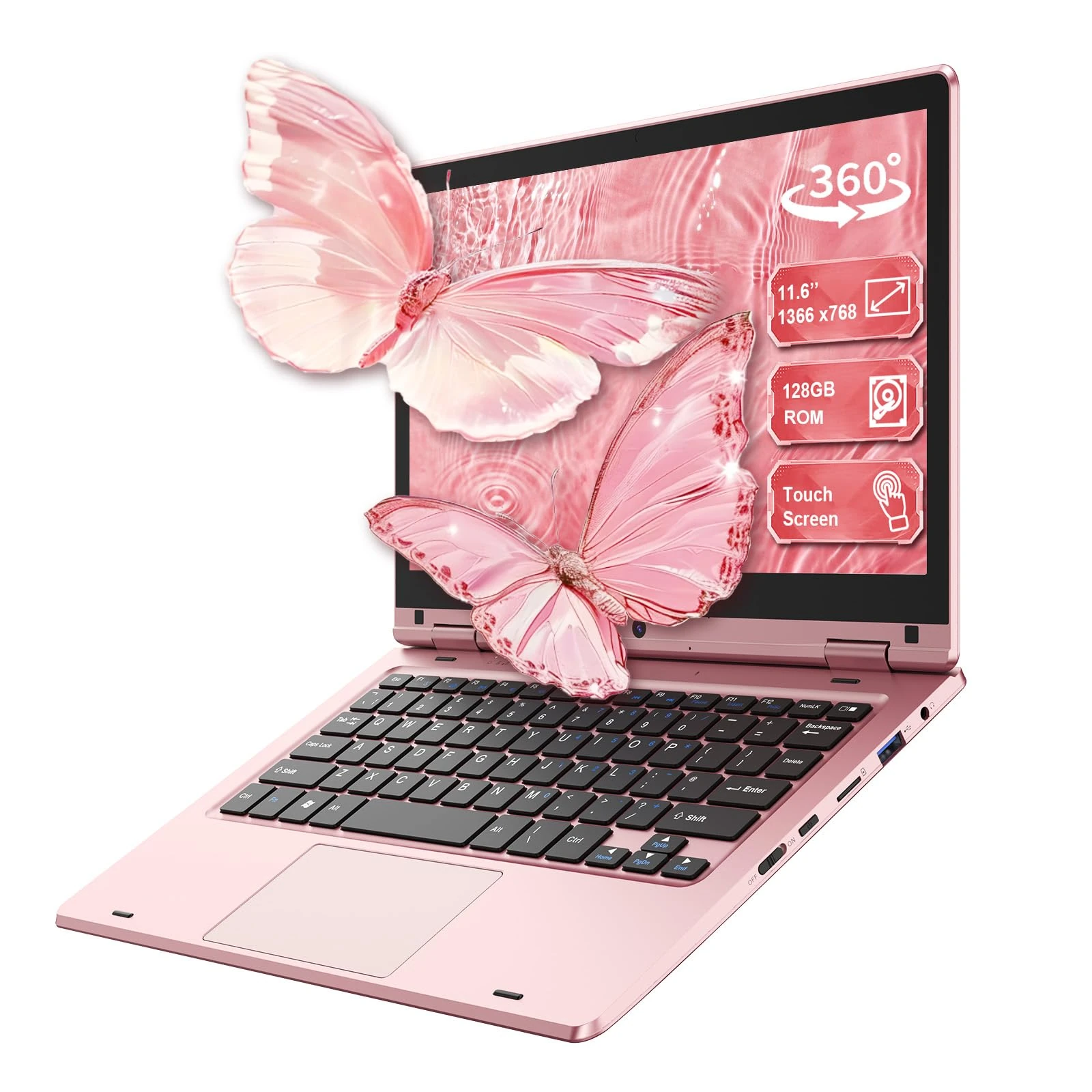 LEEDOW 11.6 Inch Laptop PC TouchScreen 360° Foldable Thin, Laptop Computer Celeron N4020 6GB RAM 128GB SSD, Portable PC Dual-Band WiFi Wireless Bluetooth Webcam USB 3.0 Mini-HDMI Keypad Lock - Pink
