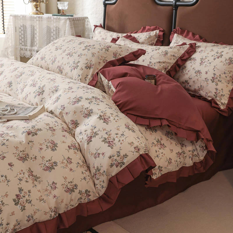 VM VOUGEMARKET Floral Duvet Cover Set Queen 100% Cotton Red Ruffle Comforter Cover 3 Pcs Romantic Princess Bedding Duvet Cover with Zipper Ties for Teen Girls