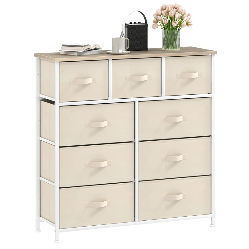 DWVO Chest of Drawers,Fabric Chest of Drawers Bedroom Cabinet with 9 Drawers,Dresser for Bedroom,Living Room With Handles,Wood Top and Sturdy Steel Frame,Cream White