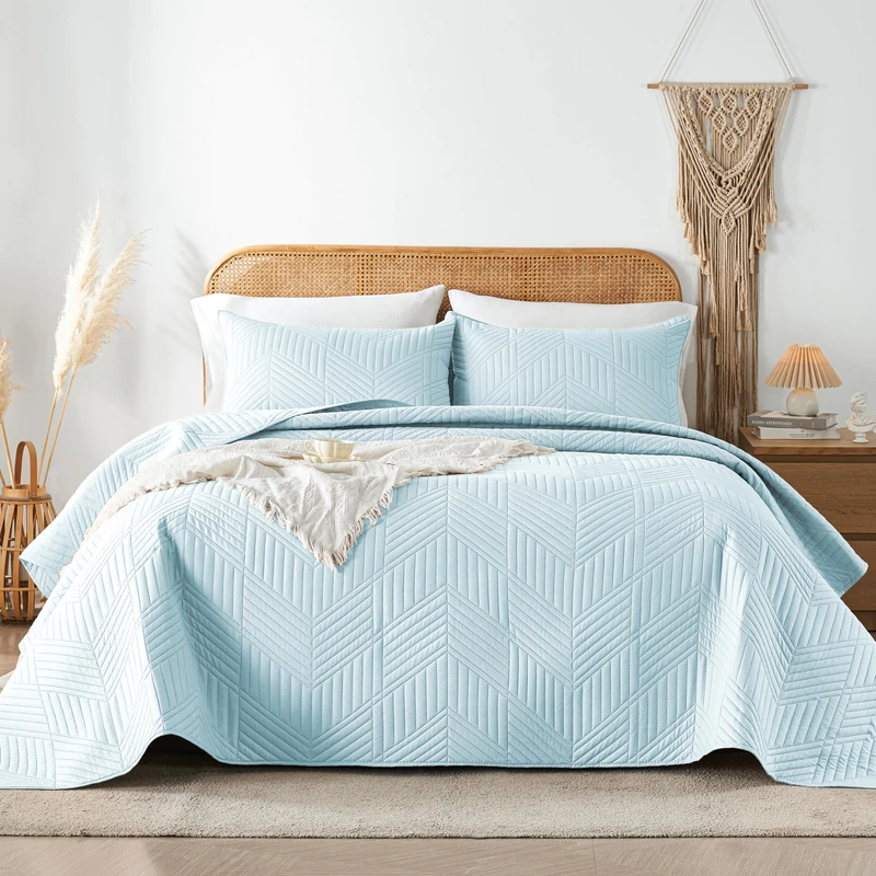 Davulos King Quilt Bedding Set,Aqua Blue Ultrasonic King/Cal King Quilt Set Reversible Microfiber Bedspread,Lightweight Soft Modern Geometric Coverlet Set for All Seasons(1 Quilt,2 Pillow Shams)