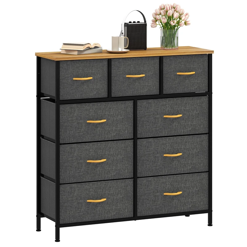 DWVO Chest of Drawers,Fabric Chest of Drawers Bedroom Cabinet with 9 Drawers,Dresser for Bedroom,Living Room With Handles,Wood Top and Sturdy Steel Frame, Dark Grey