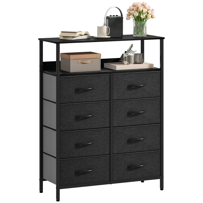 DWVO Chest of Drawers,Fabric Chest of Drawers Bedroom Cabinet with 8 Drawers,Dresser for Bedroom,Living Room With Handles,Wood Top and Sturdy Steel Frame, Black Grey