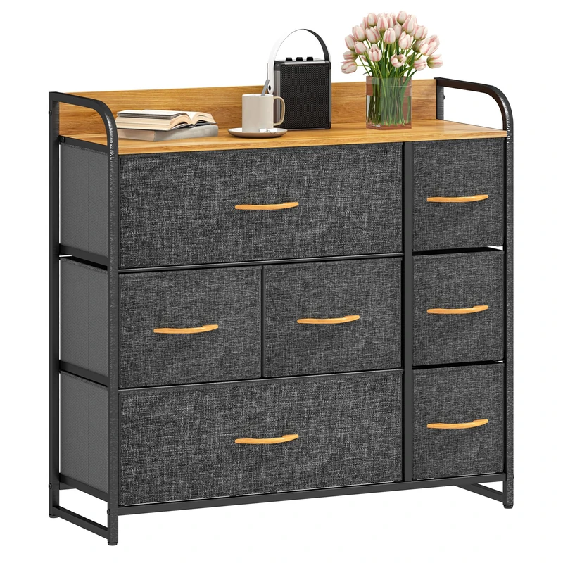 DWVO Chest of Drawers,Fabric Chest of Drawers Bedroom Cabinet with 7 Drawers,Dresser for Bedroom,Living Room With Handles,Wood Top and Sturdy Steel Frame, Dark Grey
