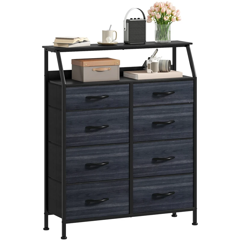 DWVO Chest of Drawers,Fabric Chest of Drawers Cabinet with 8 Drawers,Dresser for Bedroom,Living Room With Handles,Wood Top and Sturdy Steel Frame,Charcoal Black Wood Grain