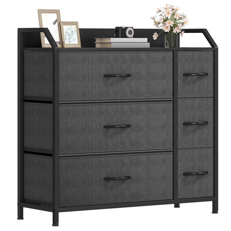 DWVO Chest of Drawers,Fabric Chest of Drawers Bedroom Cabinet with 6 Drawers,Dresser for Bedroom,Living Room With Handles,Wood Top and Sturdy Steel Frame,Black Grey