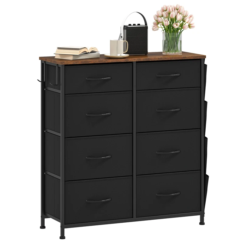 DWVO Chest of Drawers with 8 Drawers, Fabric Chest Drawers with Side Pocket&Hooks,Easy Pull Handle,Sturdy Steel Frame for Bedroom,Living Room,Black