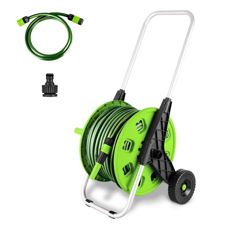 50M Hose Trolley Assembled Cart Hose Reel Cart Trolley Spray Garden Hosepipe with Adjustable Handle Nozzle Wheel Freestanding Outdoor
