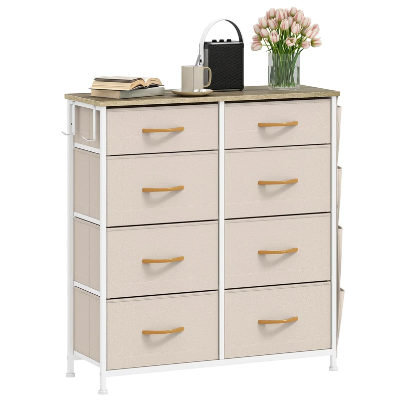 DWVO Chest of Drawers with 8 Drawers, Fabric Chest Drawers with Side Pocket&Hooks,Easy Pull Handle,Sturdy Steel Frame for Bedroom,Living Room,Beige