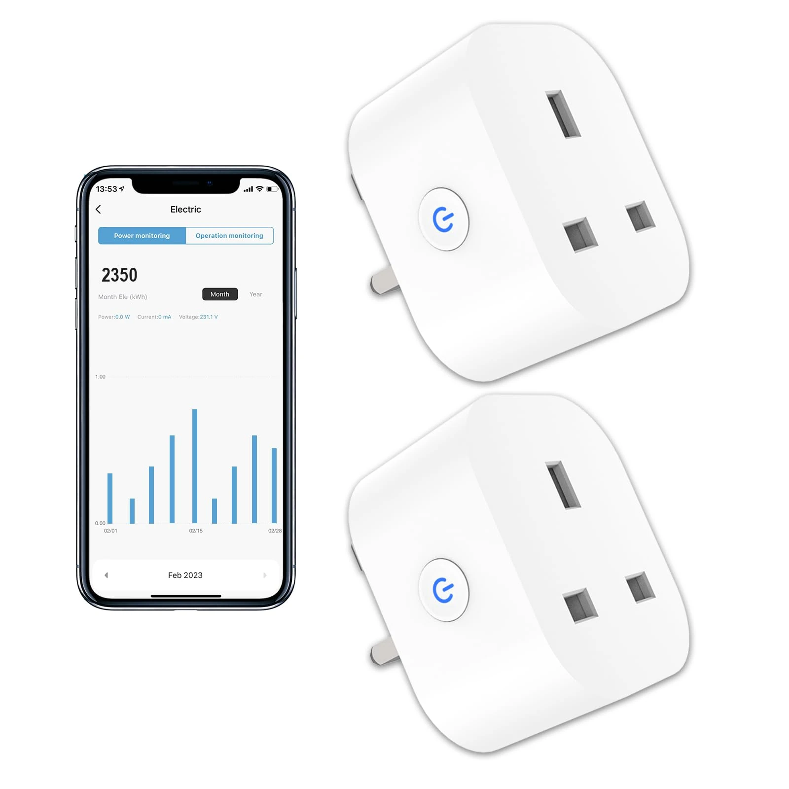 ANTELA Smart Plug with Energy Monitoring, 2,4GHz WiFi Plug with Timer Function, Alexa Voice Control, Smart Life APP Wireless Remote Control, Compatible with Alexa and Google Home, 13A, 2PCS