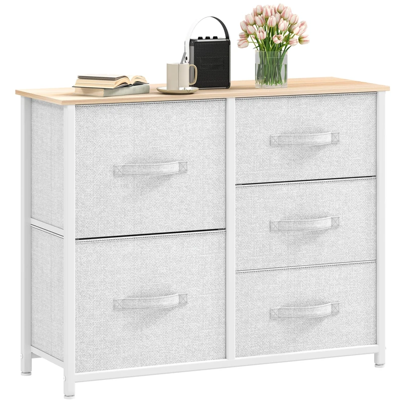 DWVO Chest of Drawers, Fabric Chest of Drawers Bedroom Cabinet with 5 Drawers,Dresser for Bedroom,Living Room With Handles,Wood Top and Sturdy Steel Frame,Light Grey