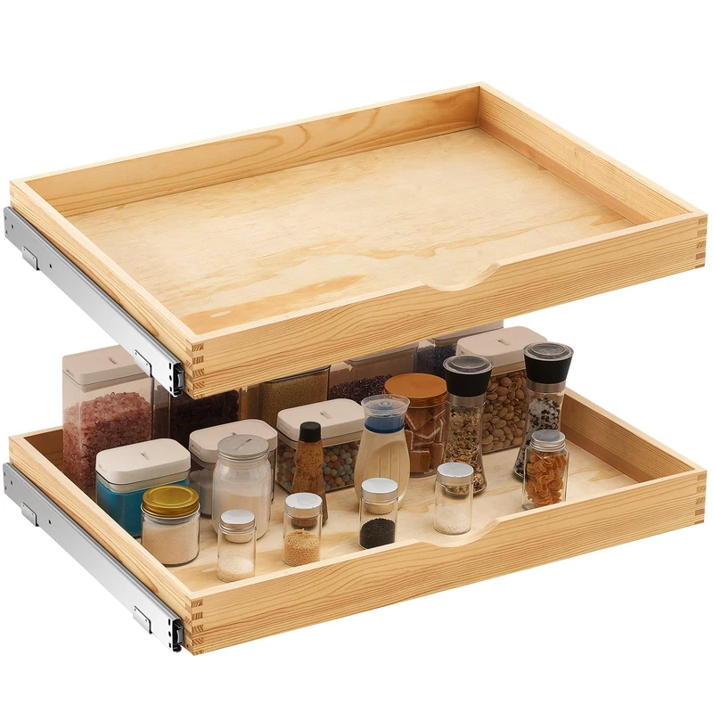 Menkxi 2 Set Wooden Pull out Cabinet Organizer Fully Assembled Slide out Pantry Drawer with Gentle Close Storage Shelf Tray for Base Kitchen Under Sink Bathroom Accessory(Wood Color,30'' X 21'' X 3")