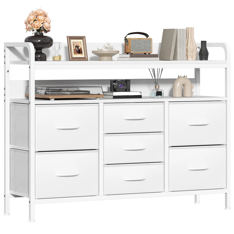 GoaHi Chest of Drawers Bedroom, 7 Fabric Drawers with 2 Layers Shelf, Storage Organizer Unit for Bedroom Living Room Closet, Sturdy Steel Frame & Wooden Top, Fabric Dresser, White