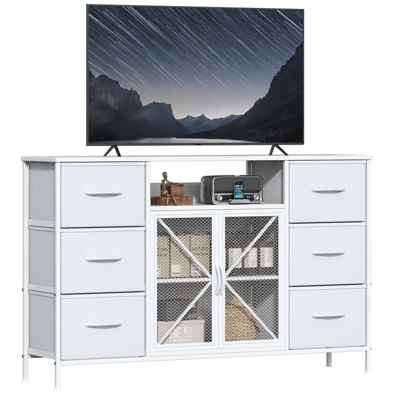 GoaHi Chest of Drawers, 6 Fabric Drawers Storage Unit with Mash Door and Shelf, Fabric Bins and Metal Frame, Storage Drawers for Bedroom, Closet, Hallway, Living Room, White