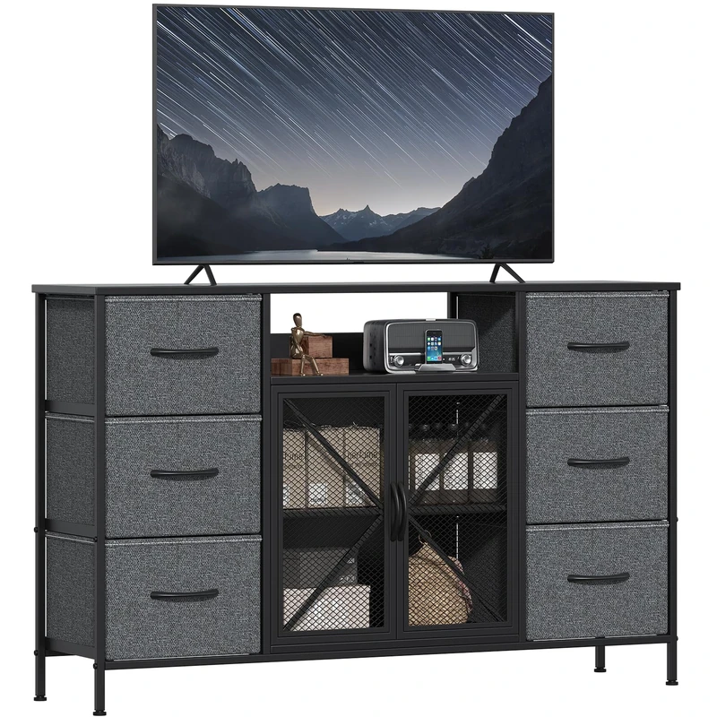 GoaHi Chest of Drawers, 6 Fabric Drawers Storage Unit with Mash Door and Shelf, Fabric Bins and Metal Frame, Storage Drawers for Bedroom, Closet, Hallway, Living Room, Deep Gray