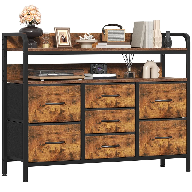 GoaHi Chest of Drawers Bedroom, 7 Fabric Drawers with 2 Layers Shelf, Storage Organizer Unit for Bedroom Living Room Closet, Sturdy Steel Frame & Wooden Top, Fabric Dresser, Rustic Brown