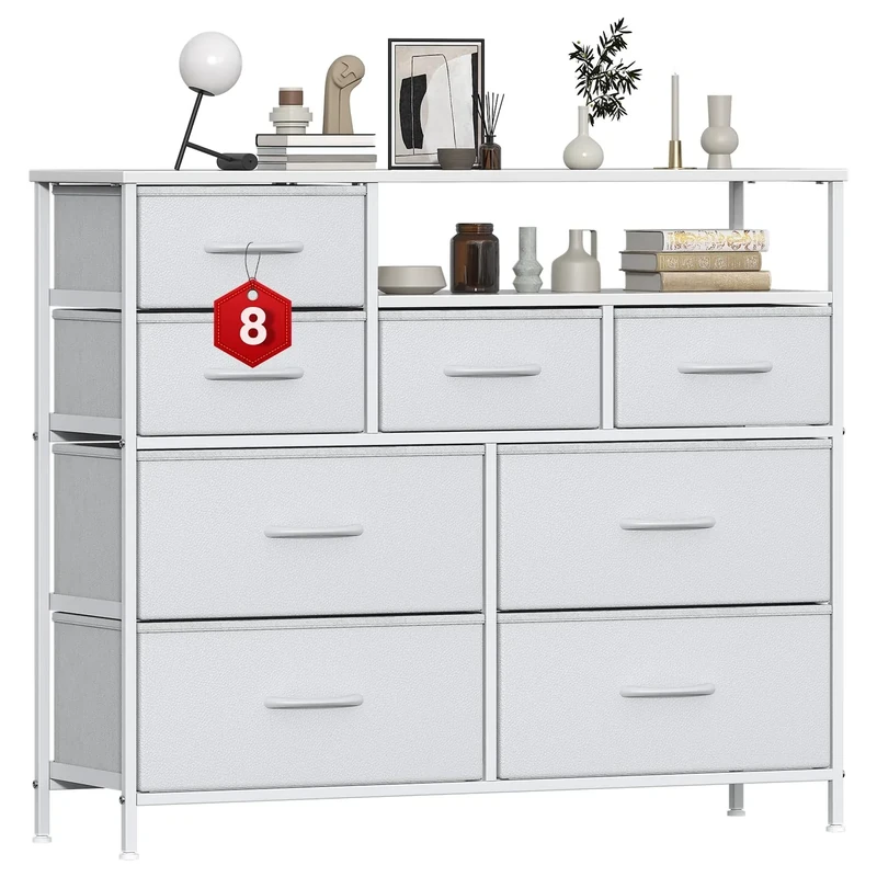 GoaHi Chest of Drawers with 8 Drawers,Bedroom Drawers, Fabric Dresser with Wood Top,Drawer storage unit for for Bedroom, Living room, White
