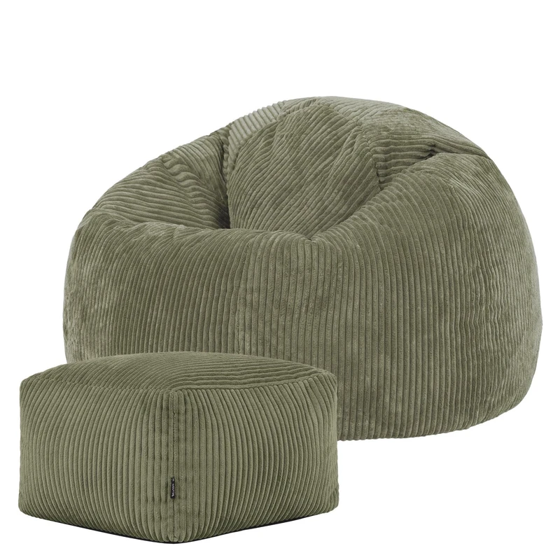 icon Kingston Cord Bean Bag with Footstool, Sage Green, Large Adult Bean Bag Chair with Filling Included, Comfy Chair, Pouffe Footstool, Living Room Furniture, Bedroom Furniture