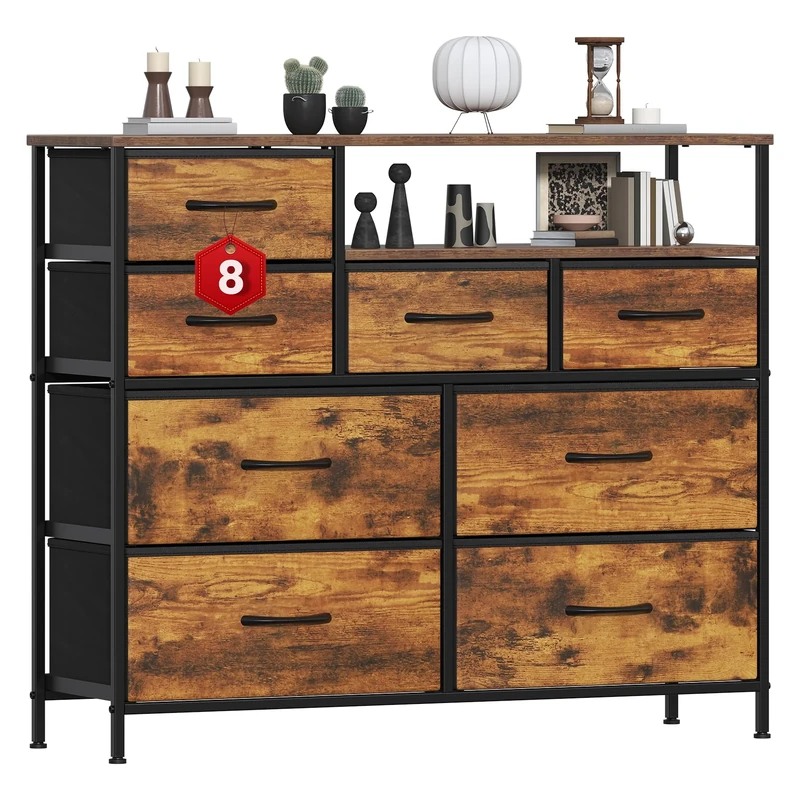 GoaHi Chest of Drawers with 8 Drawers,Bedroom Drawers, Fabric Dresser with Wood Top,Drawer storage unit for for Bedroom, Living room, Rustic Brown