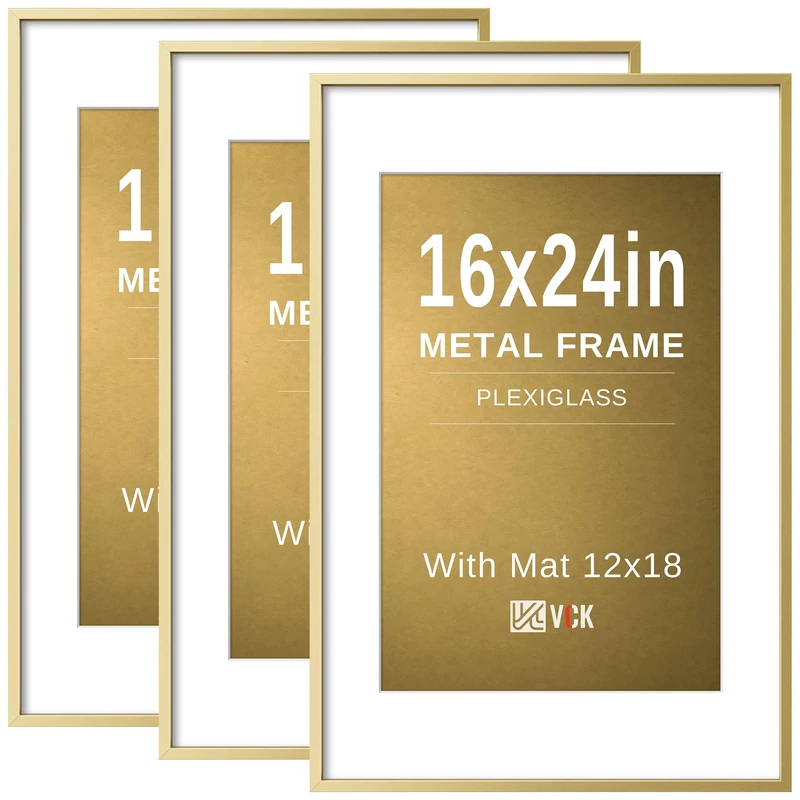 VCK 16x24 Gold Poster Frame 3 Pack, Aluminum Picture Frame - Displays 12x18 Posters with Mat or 16x24 without, Wall Mounted, Home Decor for Living Room, Office, Gallery Wall