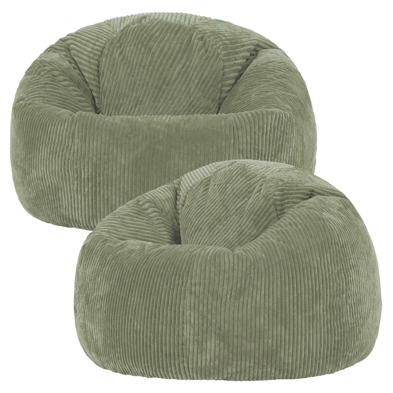 icon Kingston Cord Bean Bag, Sage Green, Set of 2, Large Adult Bean Bag Chair with Filling Included, Comfy Chair, Pouffe Footstool, Living Room Furniture, Bedroom Furniture