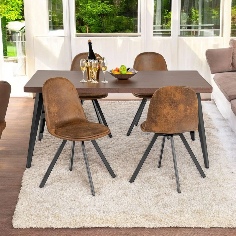 HOMYLIN 5-Piece Brown Living Room Set(1 Table & 4 Chairs), Contemporary Style, MDF Desk with Durable Metal Frame and Suede Swivel Chairs, Ideal for Living Room or Office Use